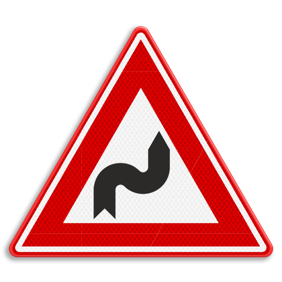 Verkeersbord RVV J04 - Waarschuwing S-bocht(en) rechts, links Verkeersbord RVV J04 - Waarschuwing S-bocht(en) rechts, links