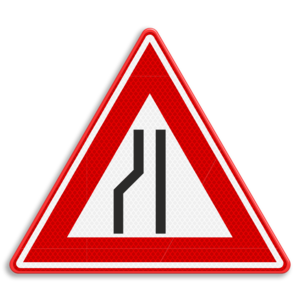 Verkeersbord RVV J19 - Waarschuwing rijbaan versmalling links Verkeersbord RVV J19 - Waarschuwing rijbaan versmalling links
