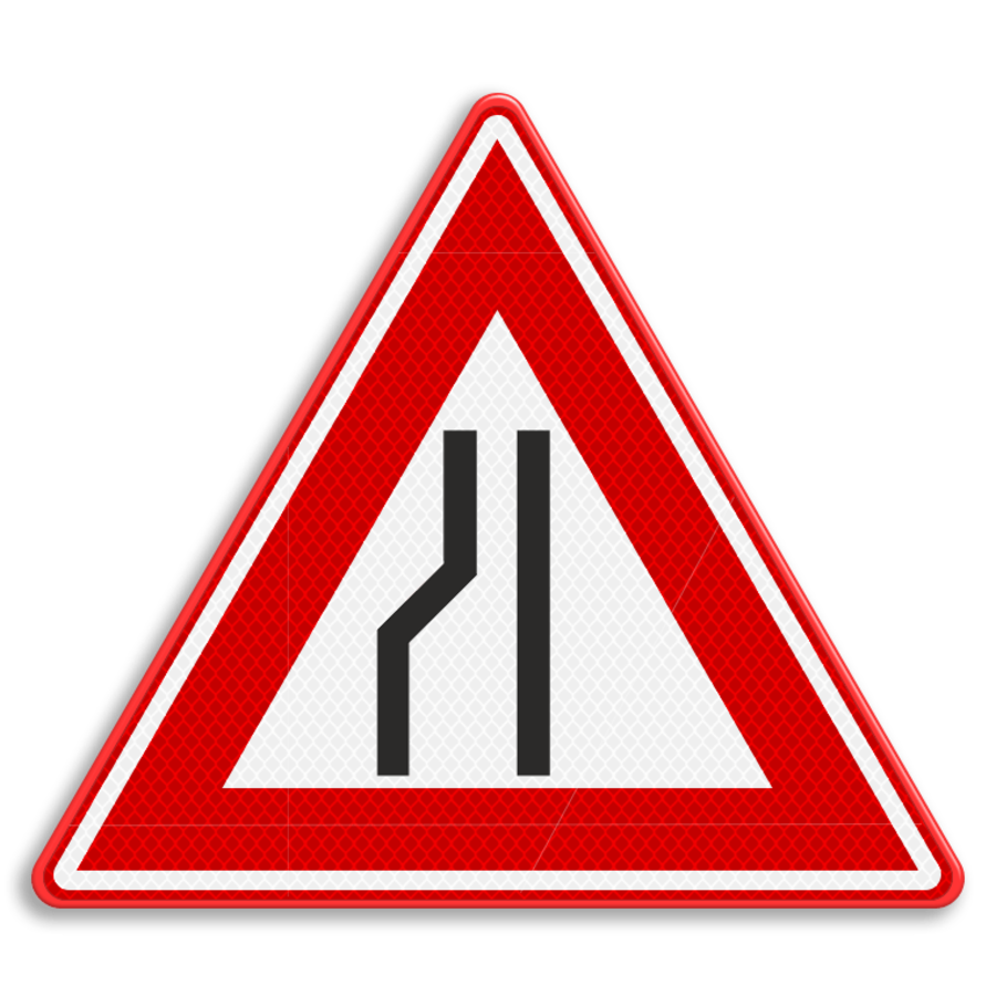 Verkeersbord RVV J19 - Waarschuwing rijbaan versmalling links Verkeersbord RVV J19 - Waarschuwing rijbaan versmalling links