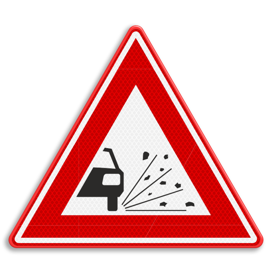 Verkeersbord RVV J25 - Waarschuwing losliggende stenen Verkeersbord RVV J25 - Waarschuwing losliggende stenen