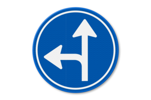 Traffic sign RVV D06l - Driving straight ahead or turning left mandatory