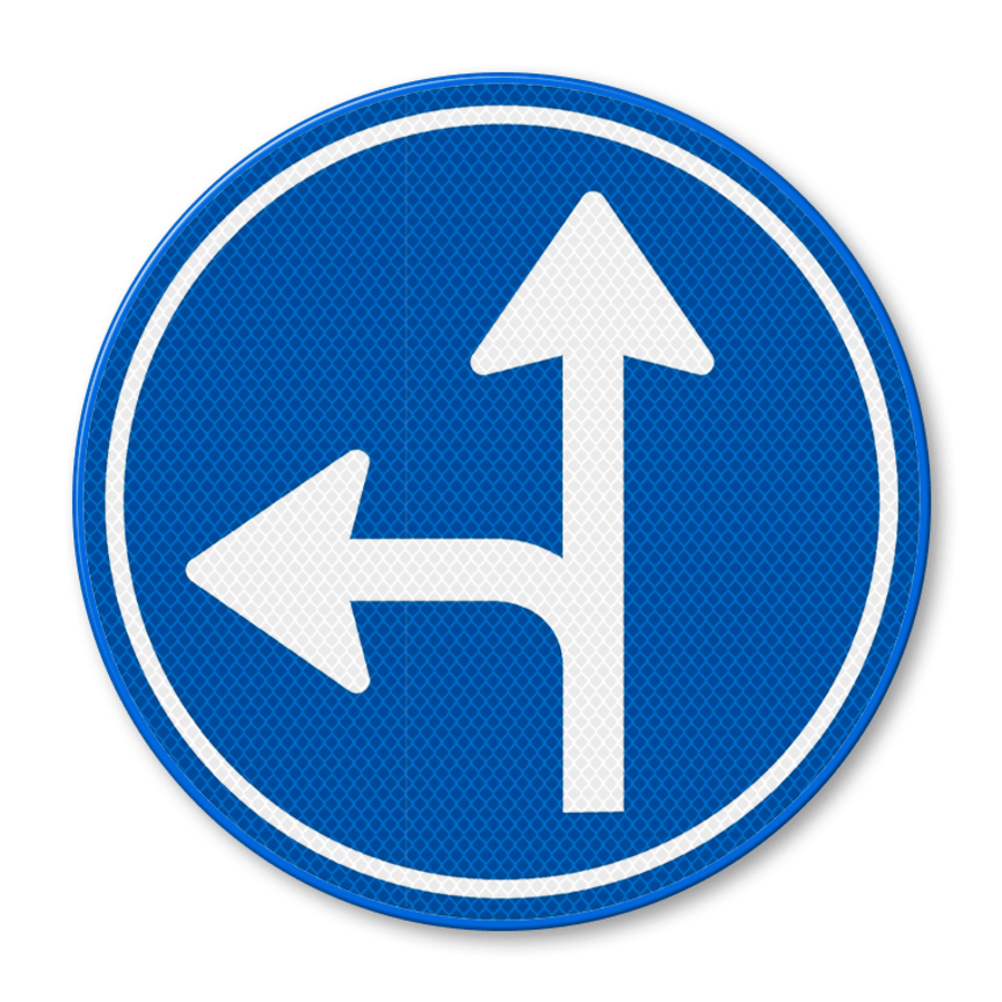 Traffic sign RVV D06l - Driving straight ahead or turning left mandatory