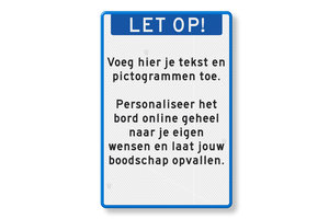 Tekstbord staand met banner en eigen tekst, blauw/wit Tekstbord staand met banner en eigen tekst, blauw/wit