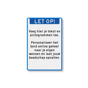 Tekstbord staand met banner en eigen tekst, blauw/wit