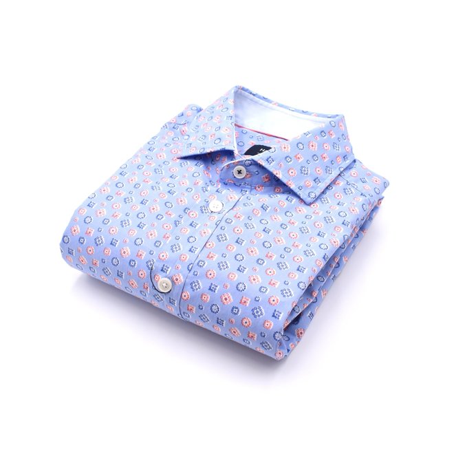 Chemise Bleue (motifs roses)