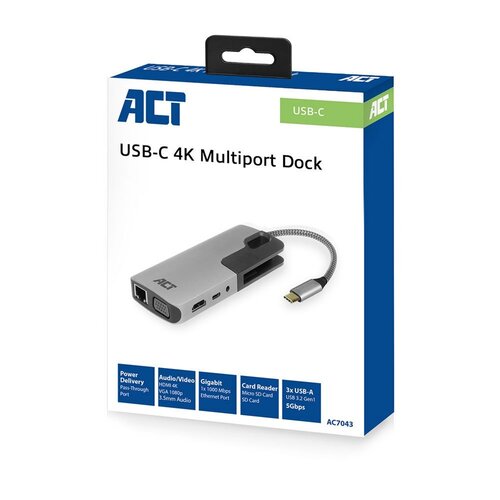 ACT AC7043 USB-C naar HDMI of VGA multiport adapter met ethernet, USB hub, cardreader, audio en PD pass through