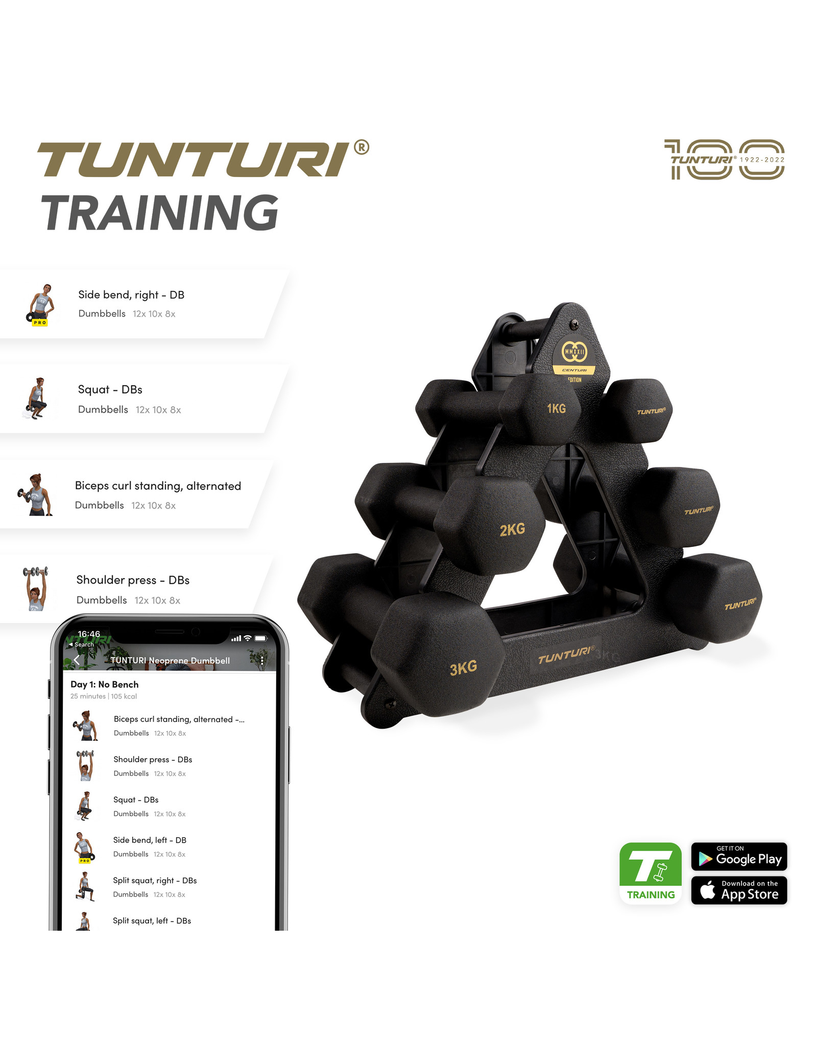Tunturi Tunturi Centuri Neopreen Dumbellset 3Prs+Stand