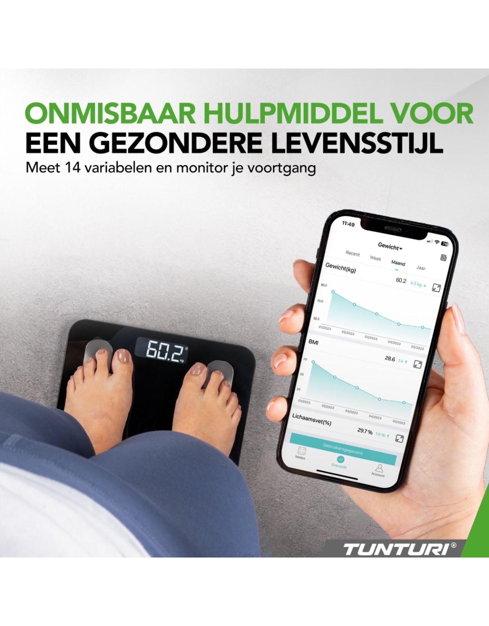 Tunturi Smart Scale | Weegschaal | Bluetooth | incl. lichaamsanalyse & hartslagmeter