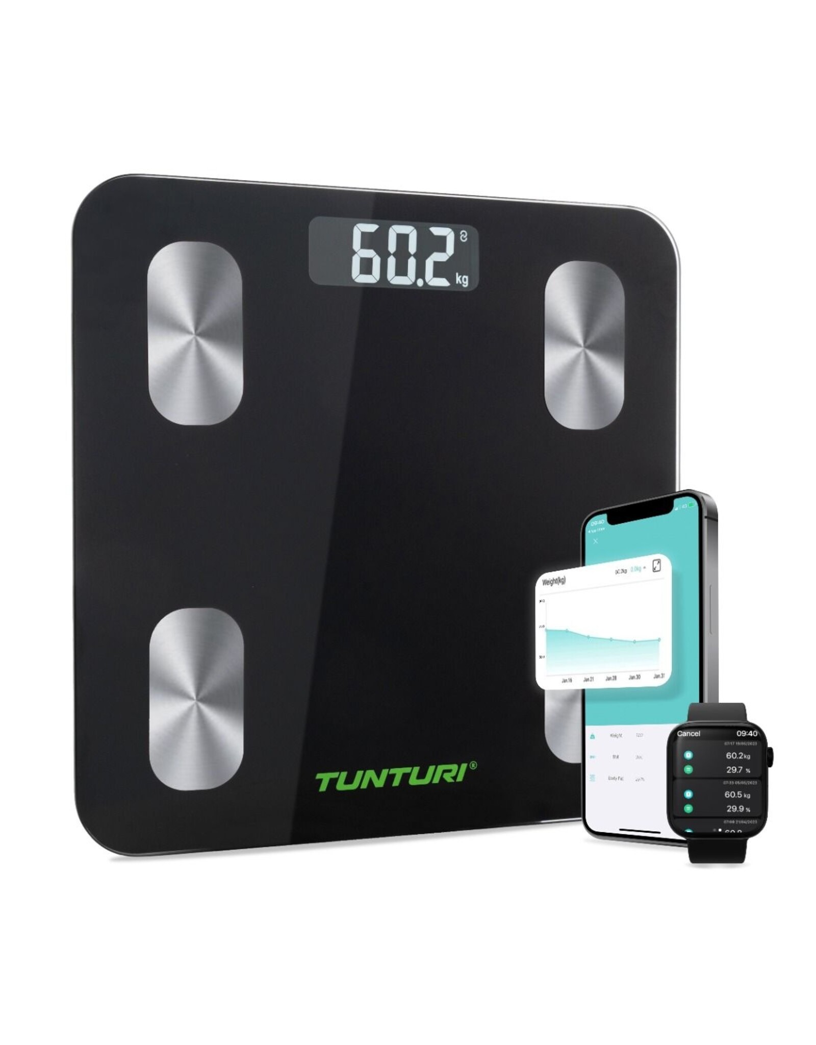Tunturi Smart Scale | Weegschaal | Bluetooth | incl. lichaamsanalyse & hartslagmeter