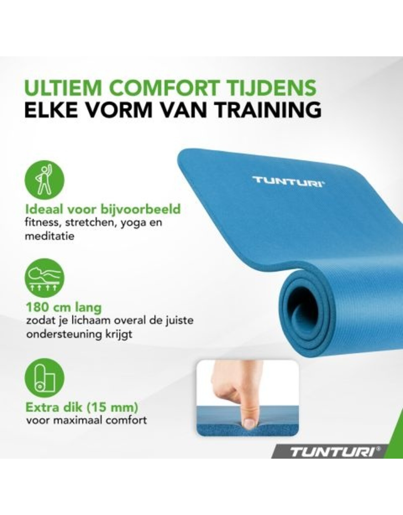 Tunturi Tunturi NBR Yogamat met Draagtas | Fitness mat Extra dik & zacht | Sportmat | Anti slip | 180x60x1.5cm | Incl Trainingsapp | Petrol Blauw