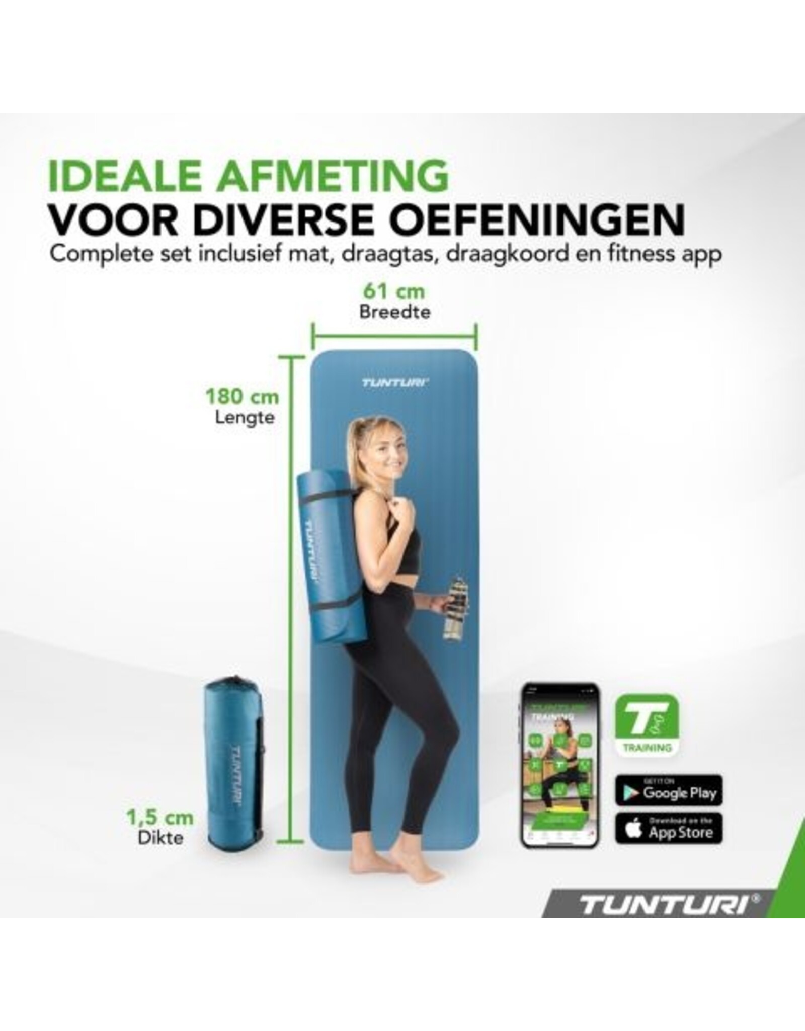 Tunturi Tunturi NBR Yogamat met Draagtas | Fitness mat Extra dik & zacht | Sportmat | Anti slip | 180x60x1.5cm | Incl Trainingsapp | Petrol Blauw