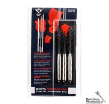 3 stuks nickelsilver darts op blister met zwarte shaft en Longfield flight in de kleur rood, inclusief etui - 24 gram