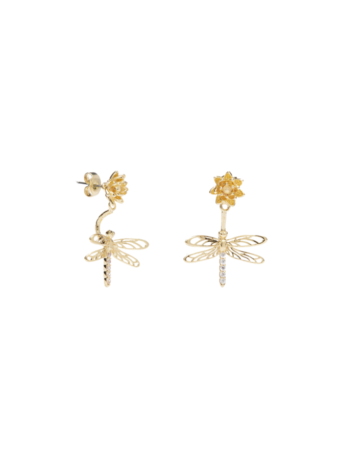 Les Néréides Dragonfly, Flower and Crystal Dangling Post Earrings