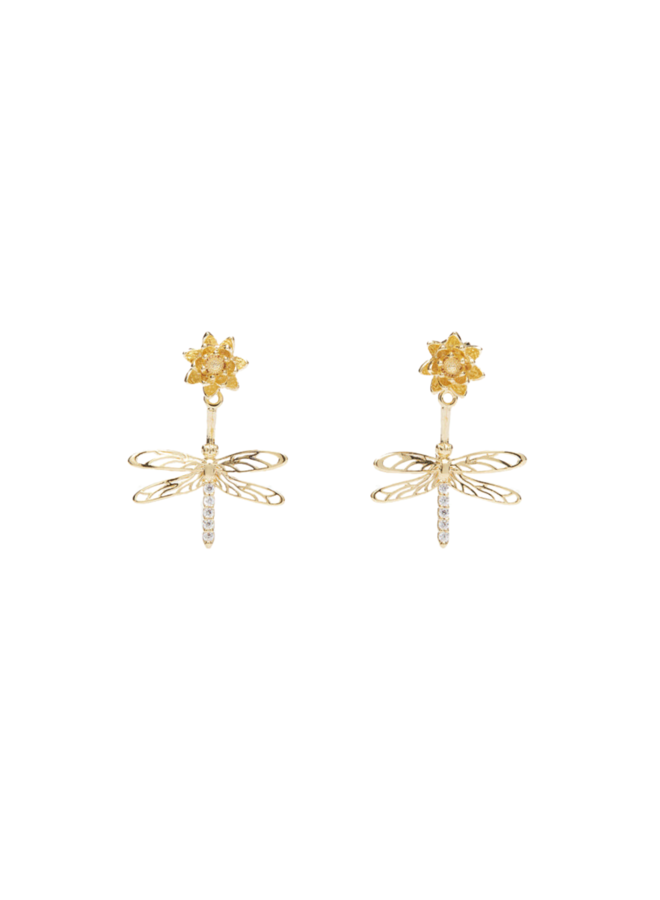 Les Néréides Dragonfly, Flower and Crystal Dangling Post Earrings
