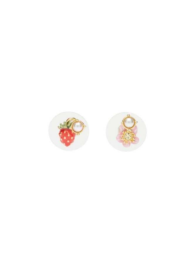 Les Néréides Asymmetrical Wild Strawberry and Pink Flower Post Earrings