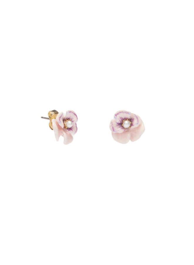 Les Néréides Pink Pansy and Freshwater Pearl Stud Earrings