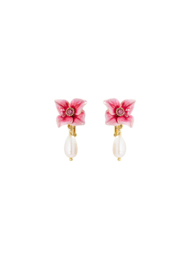 Les Néréides Pink hydrangea flower and cultured pearl earrings