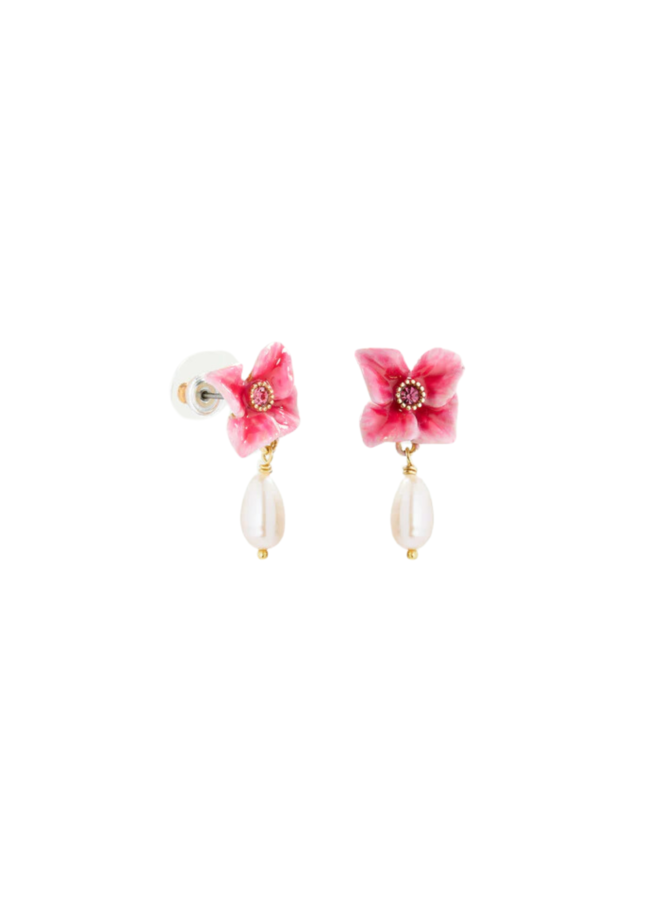 Les Néréides Pink hydrangea flower and cultured pearl earrings