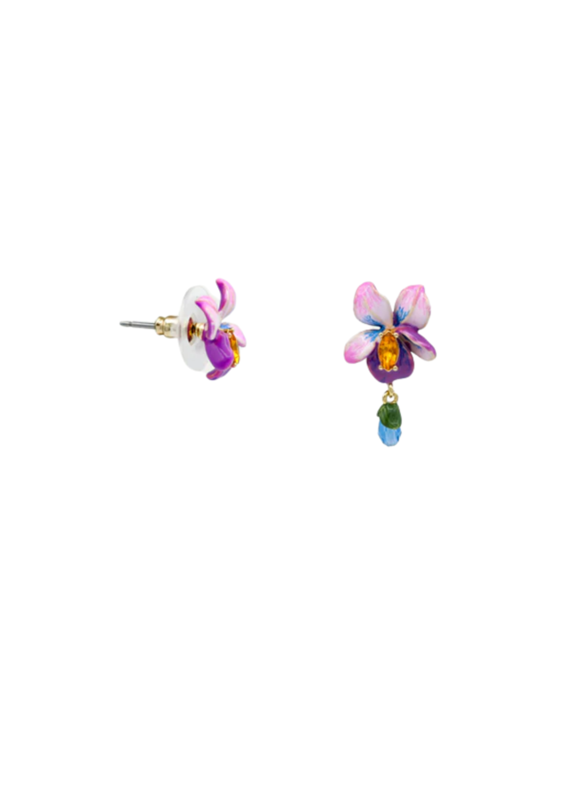 Les Néréides Asymmetrical violet flower and blue stone earrings