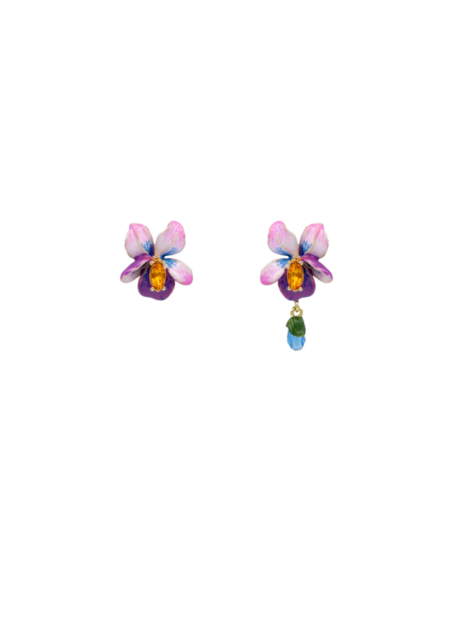 Les Néréides Asymmetrical violet flower and blue stone earrings