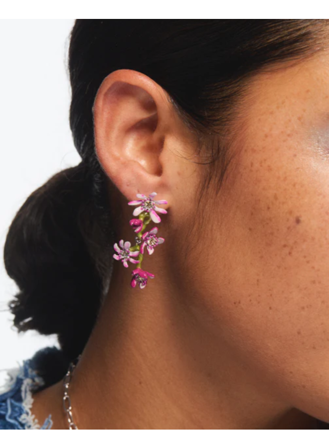 Les Néréides Pink magnolia flowers asymmetrical post earrings