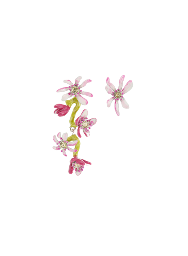 Les Néréides Pink magnolia flowers asymmetrical post earrings