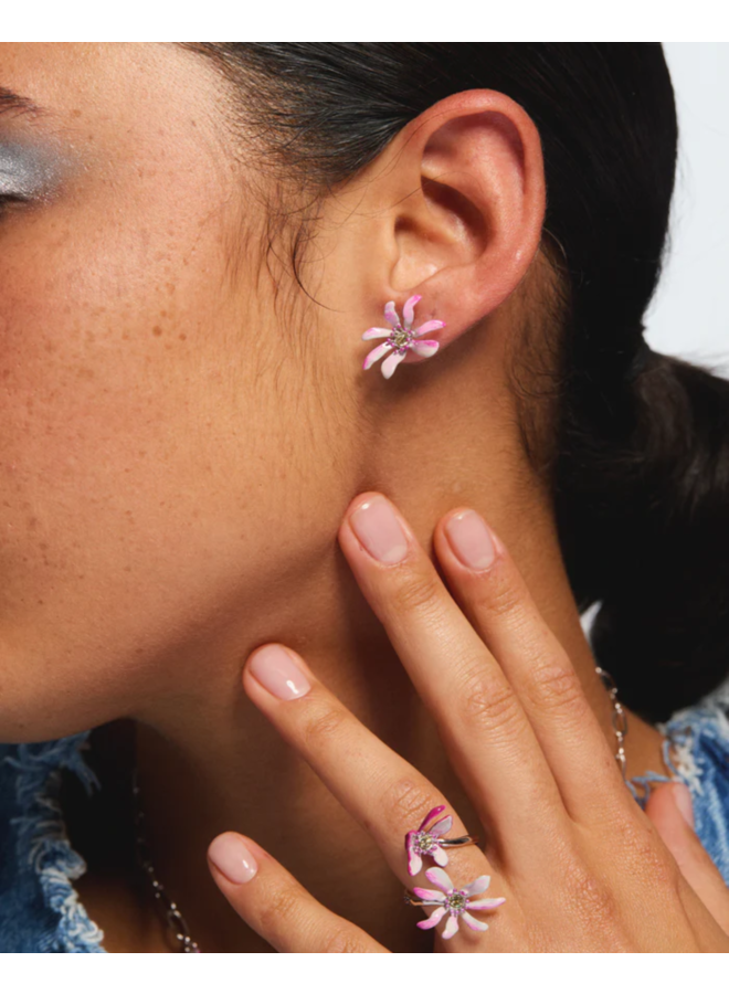 Les Néréides Pink magnolia flowers asymmetrical post earrings