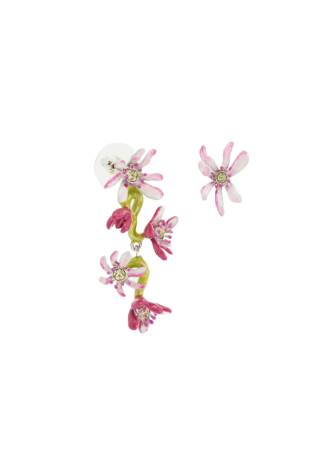 Les Néréides Pink magnolia flowers asymmetrical post earrings