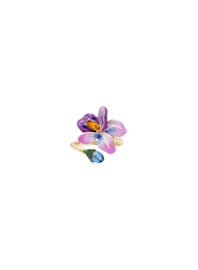 Les Néréides Adjustable ring with violet flower and blue cut stone