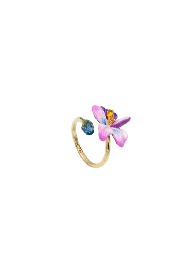 Les Néréides Adjustable ring with violet flower and blue cut stone