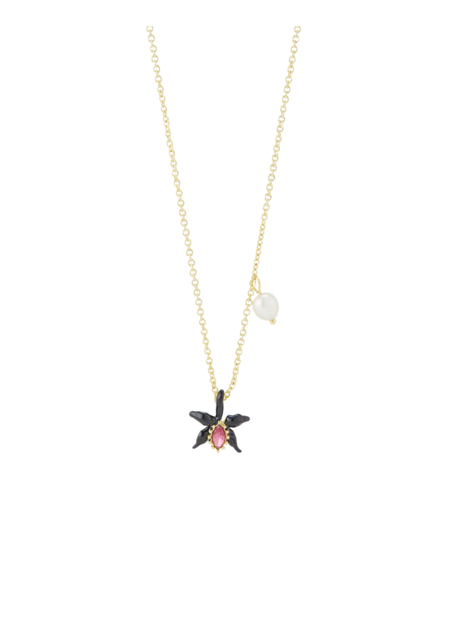 Les Néréides Fine black orchid necklace with pink faceted crystal and cultured pearl