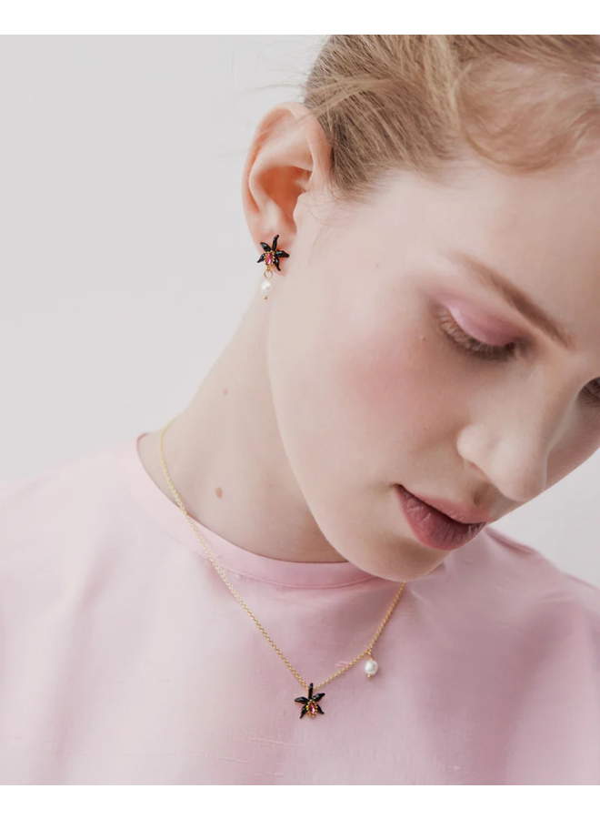 Les Néréides Fine black orchid necklace with pink faceted crystal and cultured pearl