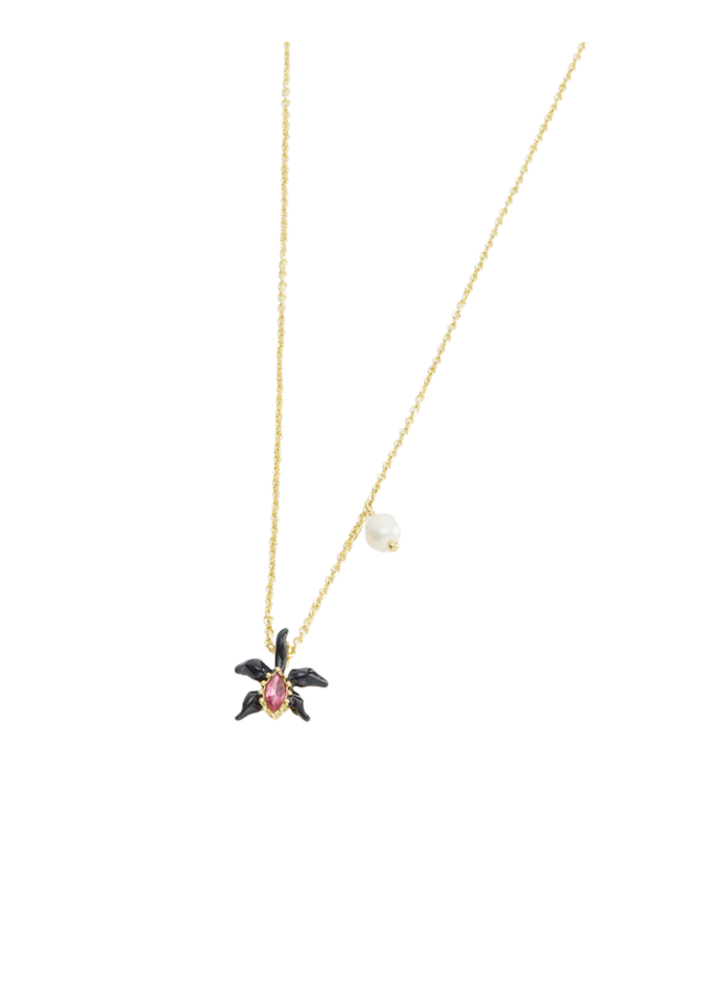 Les Néréides Fine black orchid necklace with pink faceted crystal and cultured pearl