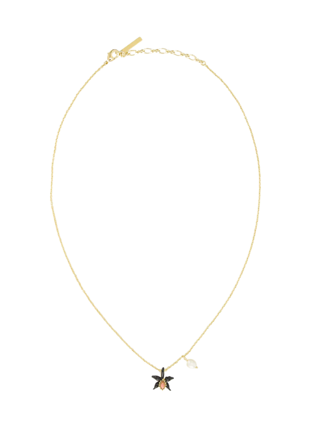 Les Néréides Fine black orchid necklace with pink faceted crystal and cultured pearl