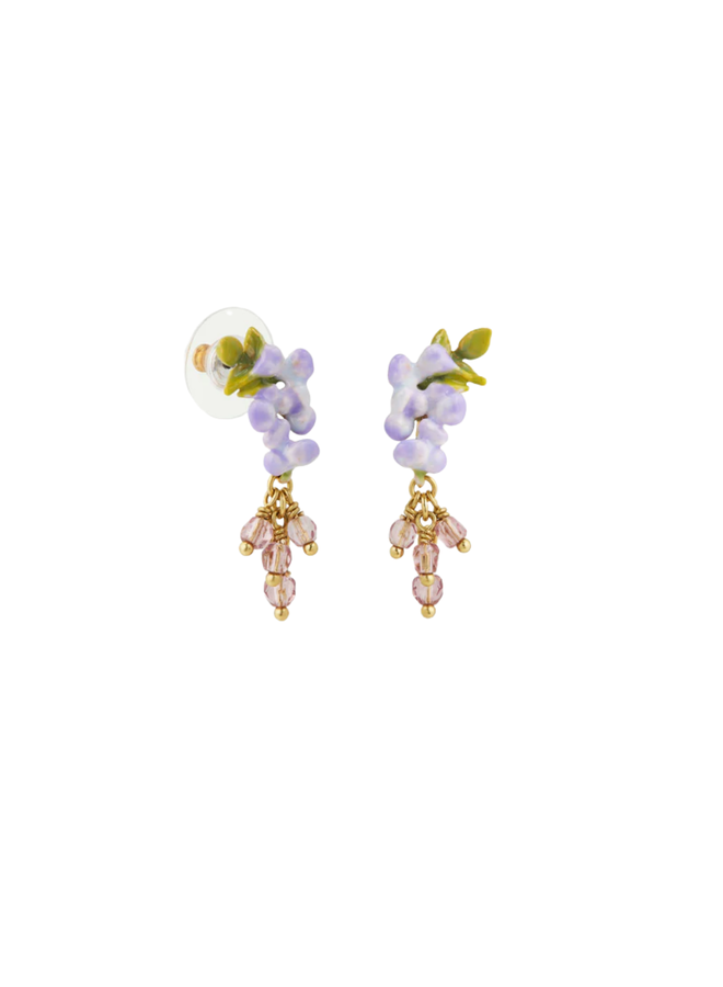 Les Néréides Purple wisteria, ivy and faceted crystal bead dangle earrings