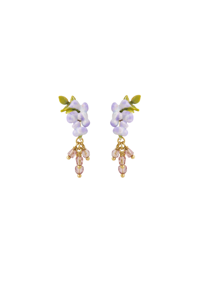 Les Néréides Purple wisteria, ivy and faceted crystal bead dangle earrings