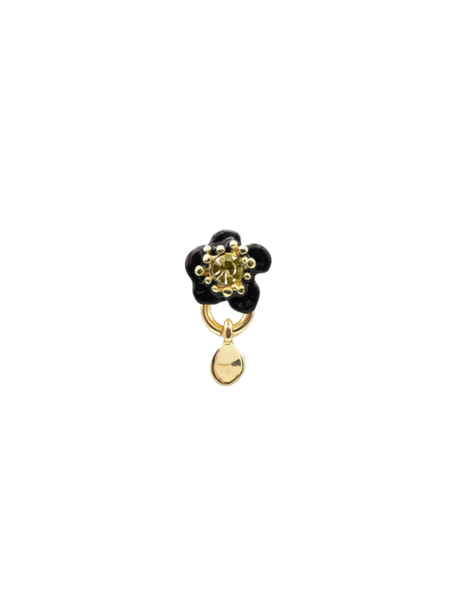Les Néréides Single earring with a black flower and a faceted stone - per stuk