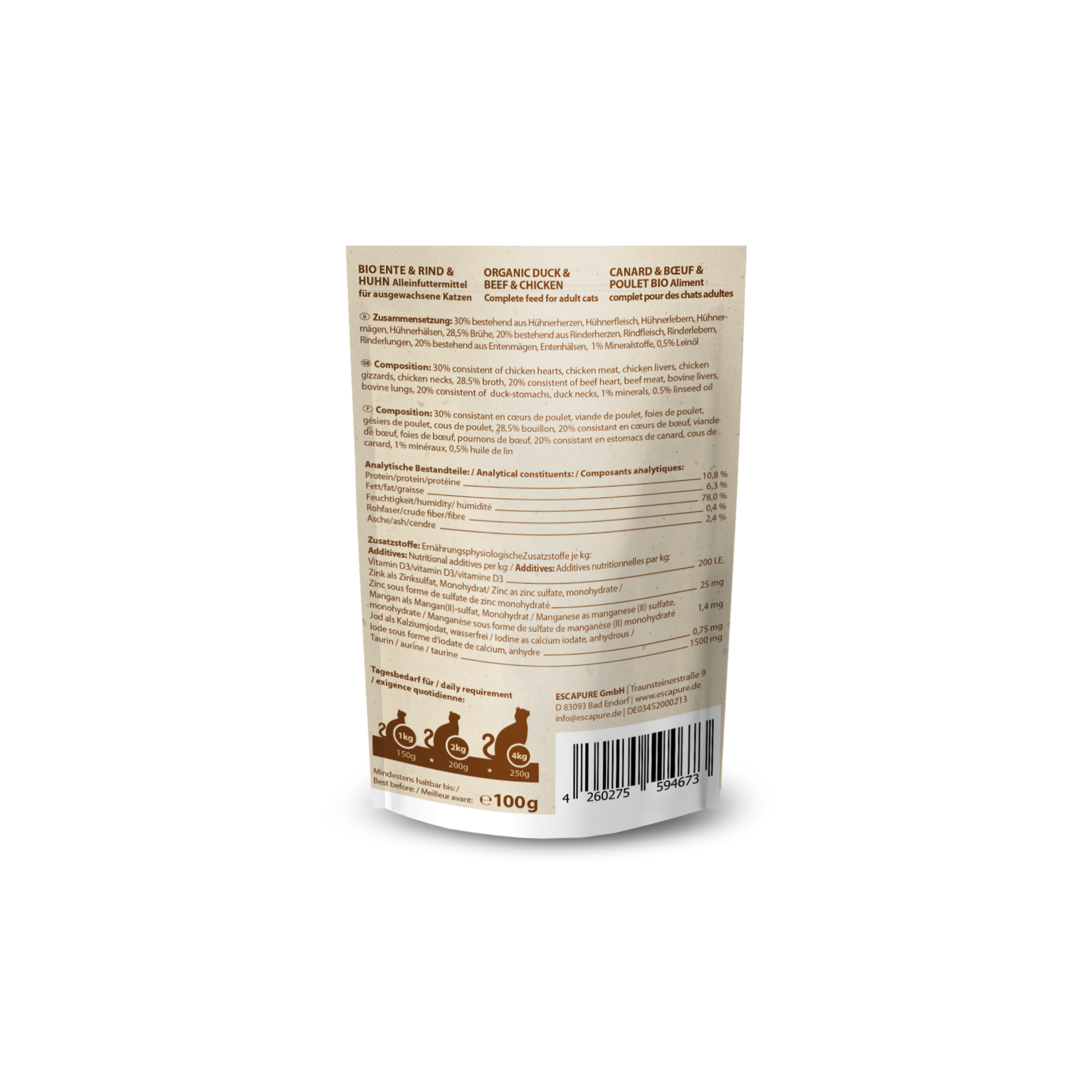 Escapure Escapure Katze BIO Ente, Rind & Huhn, Pastete 100g