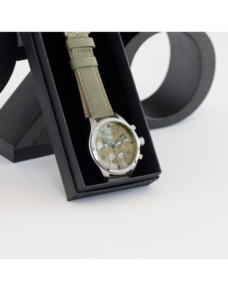 OOZOO Zilveren OOZOO horloge met olijf groene leren band 45mm - C6798