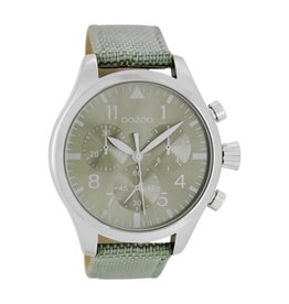 OOZOO Zilveren OOZOO horloge met groene grijze leren band 45mm - C6795