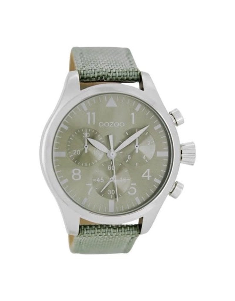 OOZOO Zilveren OOZOO horloge met groene grijze leren band 45mm - C6795