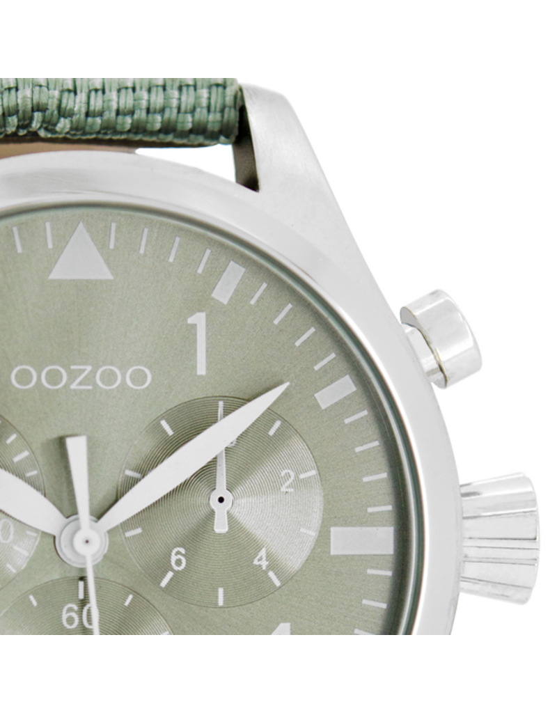 OOZOO Zilveren OOZOO horloge met groene grijze leren band 45mm - C6795