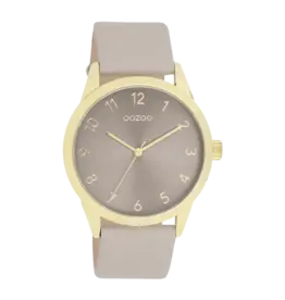 OOZOO Goudkleurige OOZOO horloge met taupe leren band - C11328