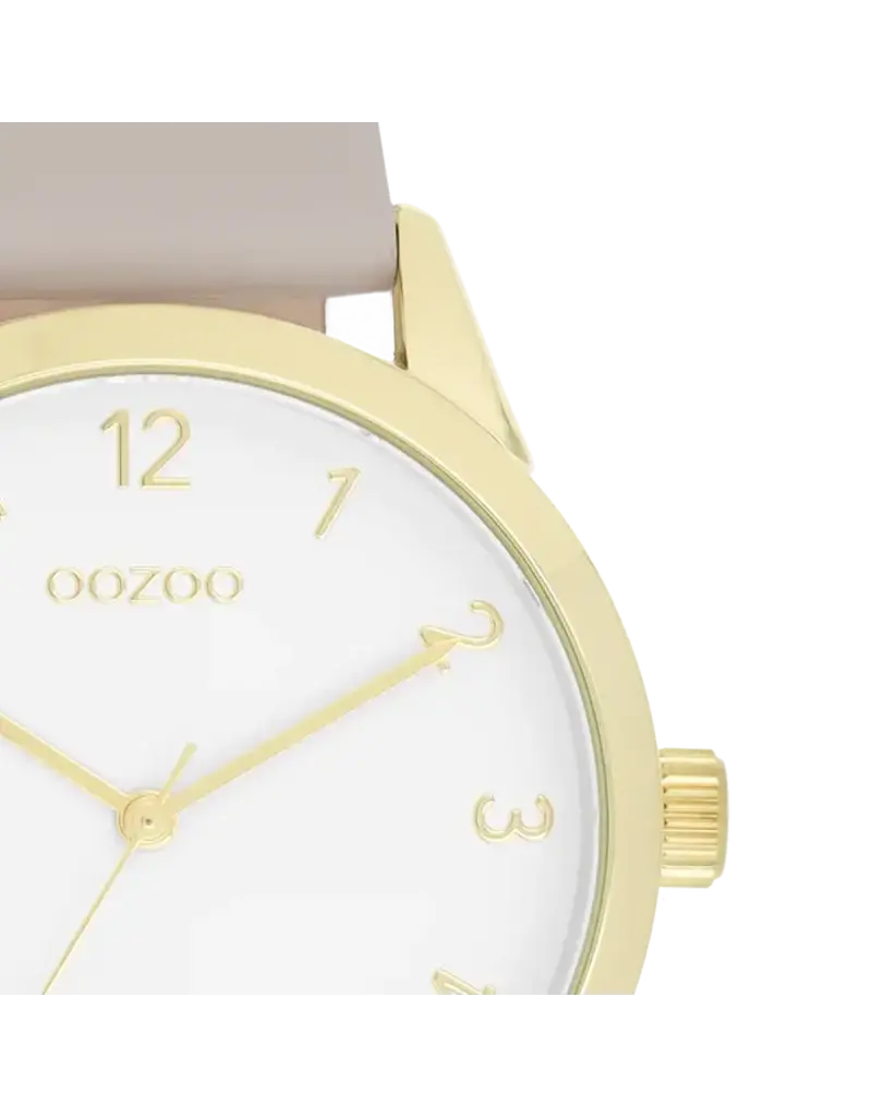 OOZOO Goudkleurige OOZOO horloge met taupe leren band - C11327