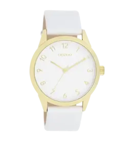 OOZOO Goudkleurige OOZOO horloge met witte leren band - C11325