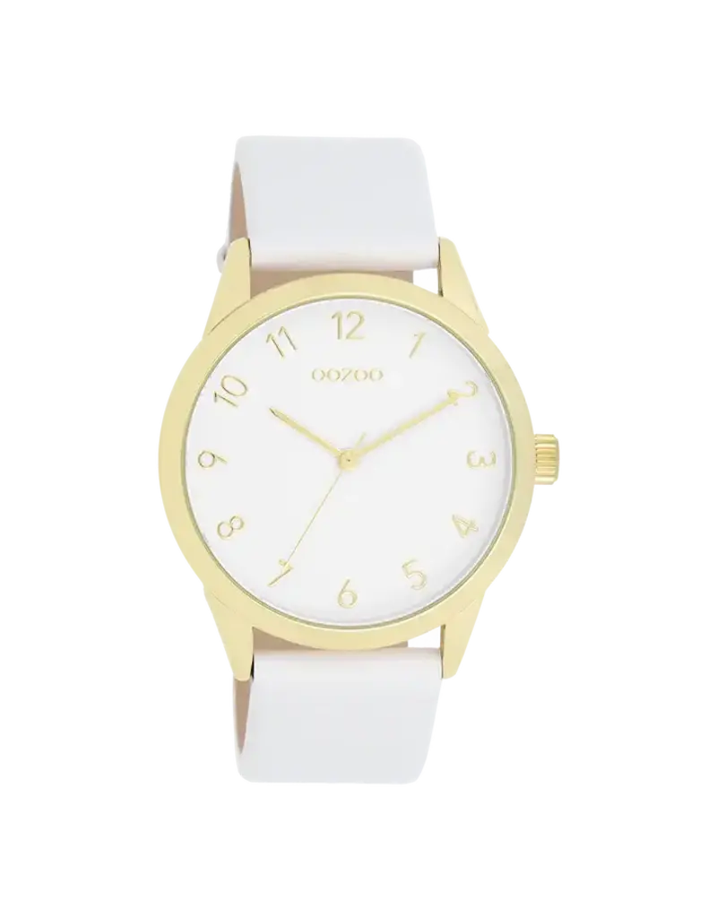 OOZOO Goudkleurige OOZOO horloge met witte leren band - C11325
