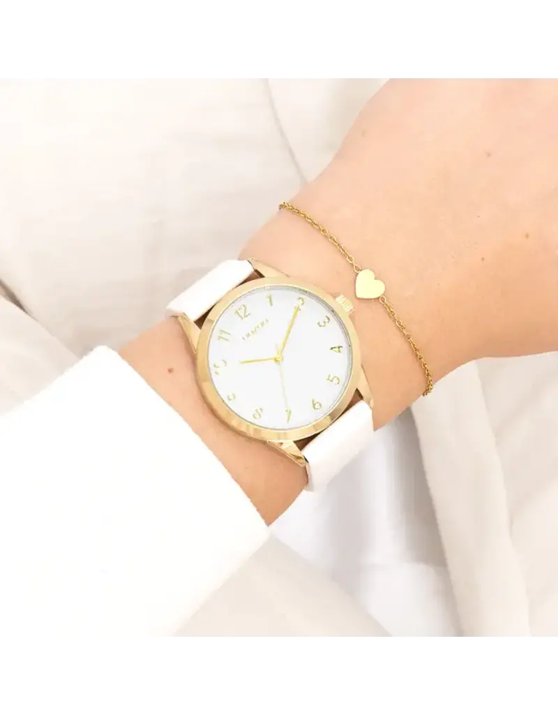 OOZOO Goudkleurige OOZOO horloge met witte leren band - C11325