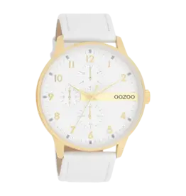 OOZOO Goudkleurige OOZOO horloge met witte leren band - C11305