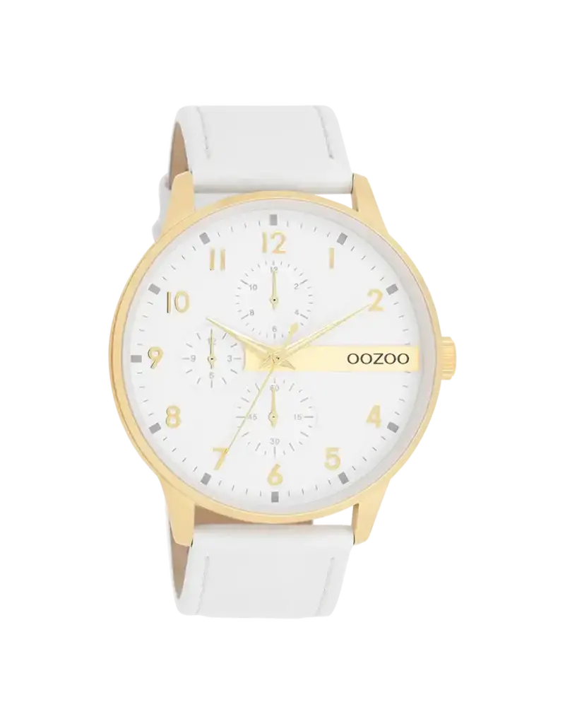 OOZOO Goudkleurige OOZOO horloge met witte leren band - C11305