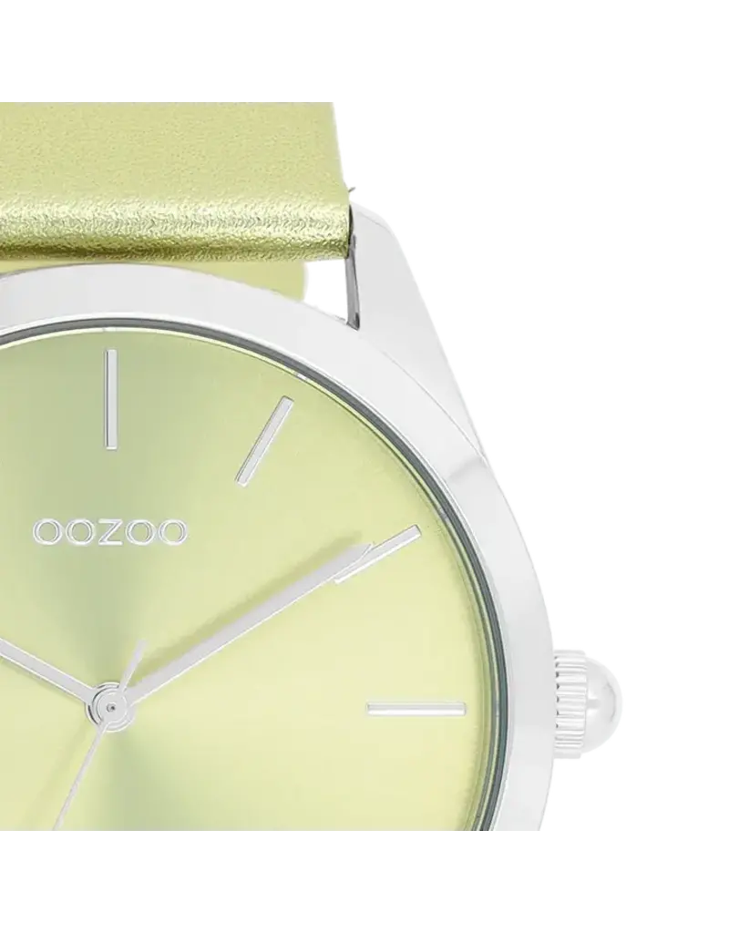 OOZOO Zilverkleurige OOZOO horloge met limoen groene leren band - C11331